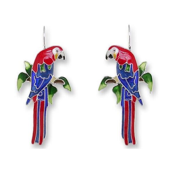 Zarah Greenwing Macaw Dangle Earrings Sterling Silver Plated Parrot Bird - Picture 1 of 5